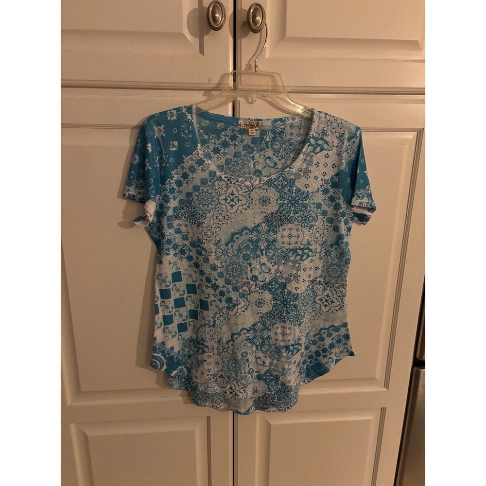 One World Womens‎ Blue White Tile Print Rhinestone Blouse Petite Medium PM Top